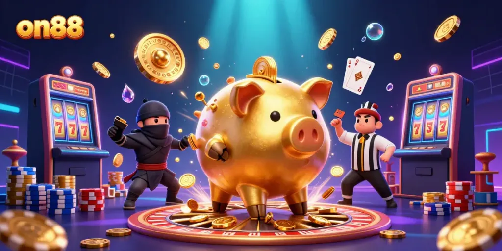 Engage with on88 through a dynamic 3D illustration depicting an exciting casino scene full of action and prizes.