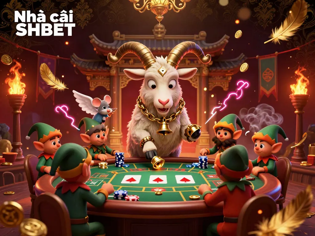 Experience the vibrant chaos of Nhà cái SHBET, a festive casino scene featuring a playful Krampus goat, mischievous elf gremlins, and an angel mouse managing the games.