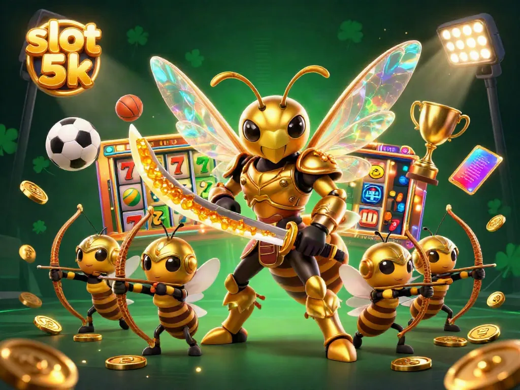 Engage with slot 5k's vibrant casino experience featuring a golden hornet samurai amidst sparkling elements.