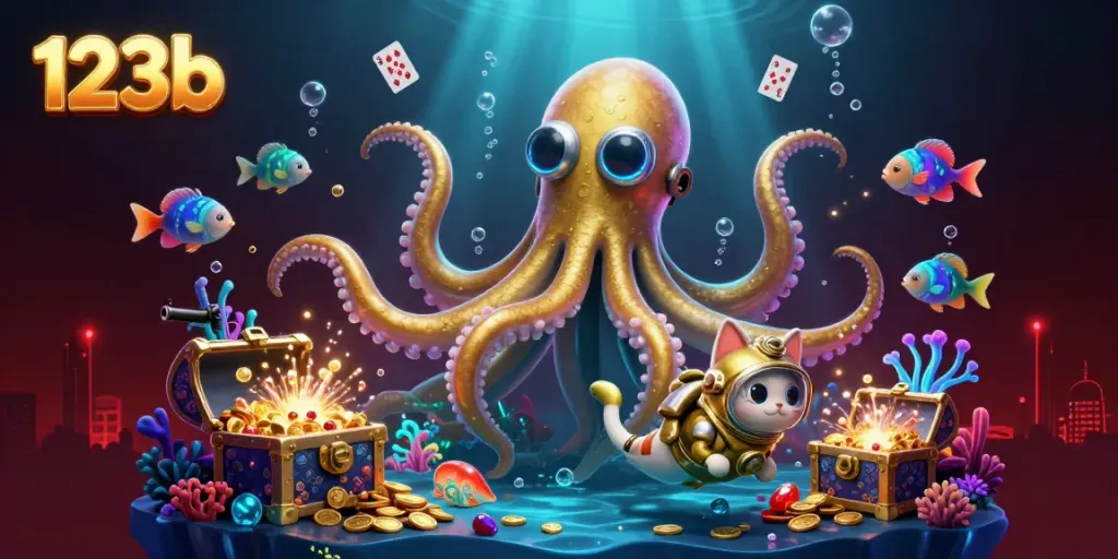 Experience the vibrant 123b ocean adventure with kraken, diving cat, and bioluminescent fish.