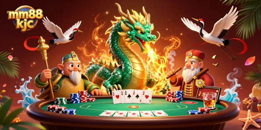 Experience high-stakes action with mm88 kjc at a vibrant poker table featuring mythical elements.