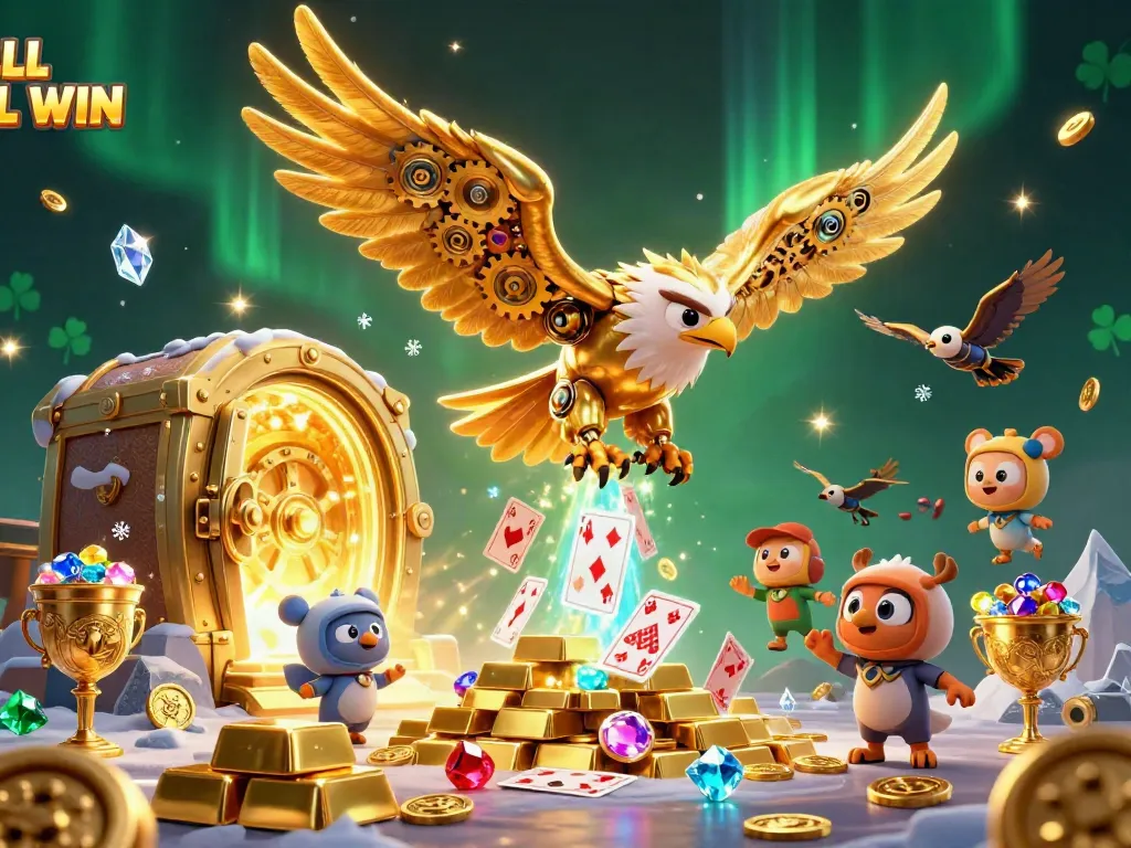 Experience the thrill of LL WIN with a diving cybernetic eagle amidst a treasure-filled scene.