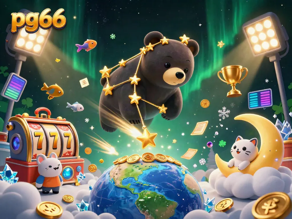 Experience the excitement of pg66 with a 3D casino-themed illustration featuring stars, gold coins, and dynamic gaming elements.