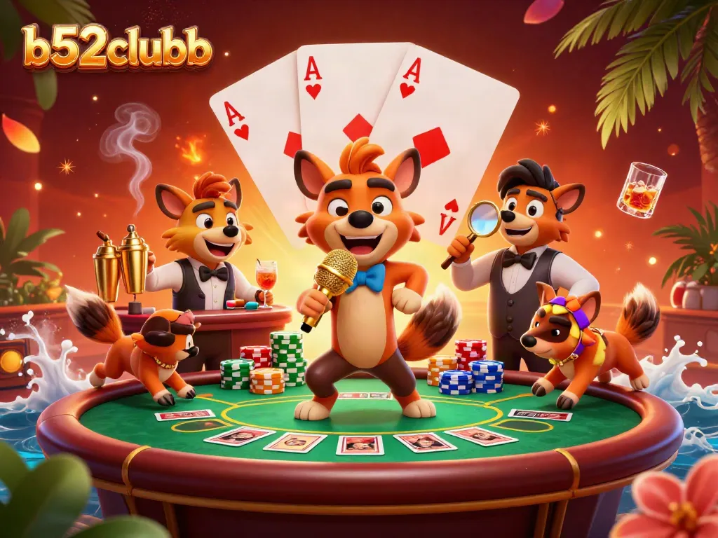 Experience b52clubb's vibrant comedy casino scene with hyenas enjoying poker and drinks.