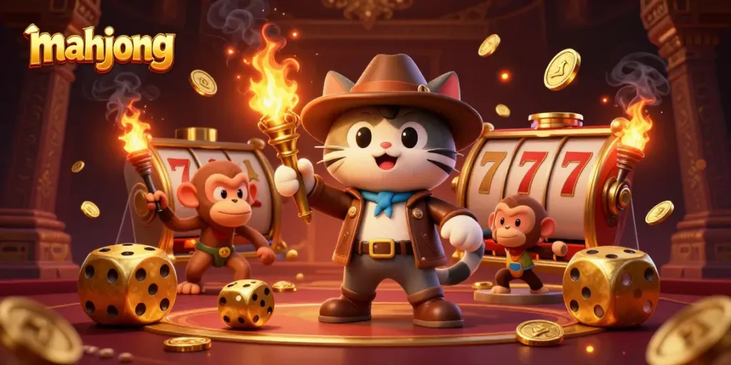 Permainan mahjong yang menampilkan kucing arkeolog 3D dan teman monyet di casino bertema kuil.