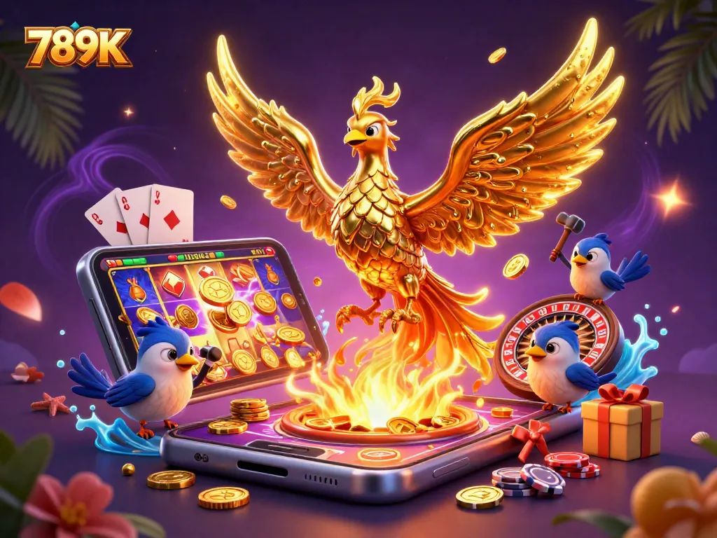 Win big with 789K as molten golden phoenix solidifies into coins amidst vibrant slot activities.