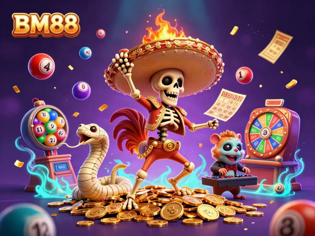 BM88 showcases energetic casino characters celebrating atop golden coins with colorful elements.