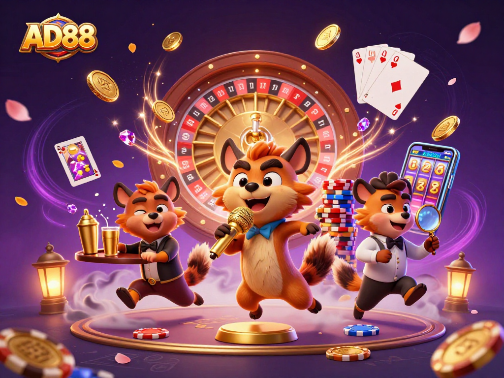 AD88 hyenas entertain in a vibrant casino scene with sparkling elements and dynamic games.