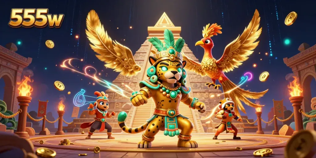 Engage with the vibrant world of 555w, featuring a Mayan priest amidst swirling golden elements.