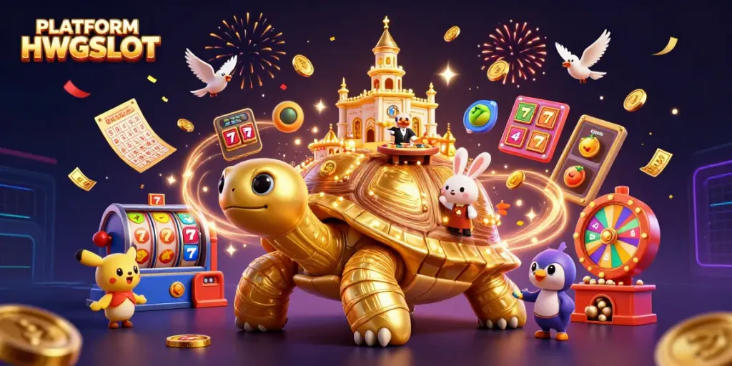 Experience thrilling gameplay with PLATFORM HWGSLOT featuring slots, a colorful prize wheel, and a lively casino atmosphere.
