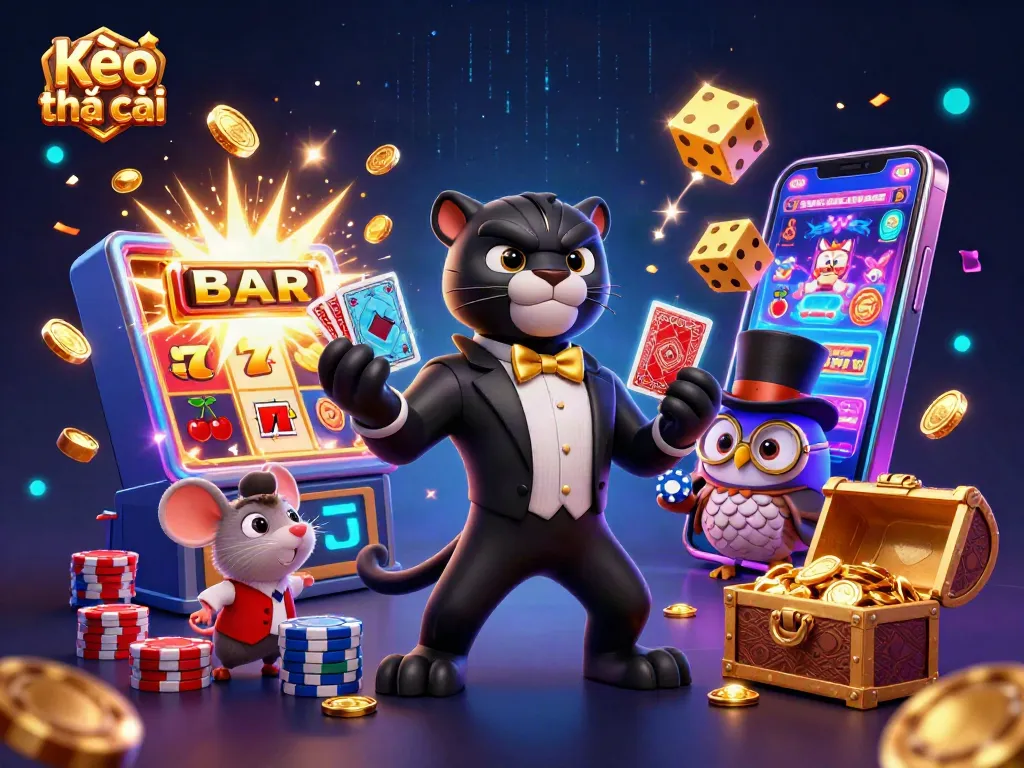 Engage with Kèo nhà cái while a stylish black panther deals cards at a dynamic casino scene.