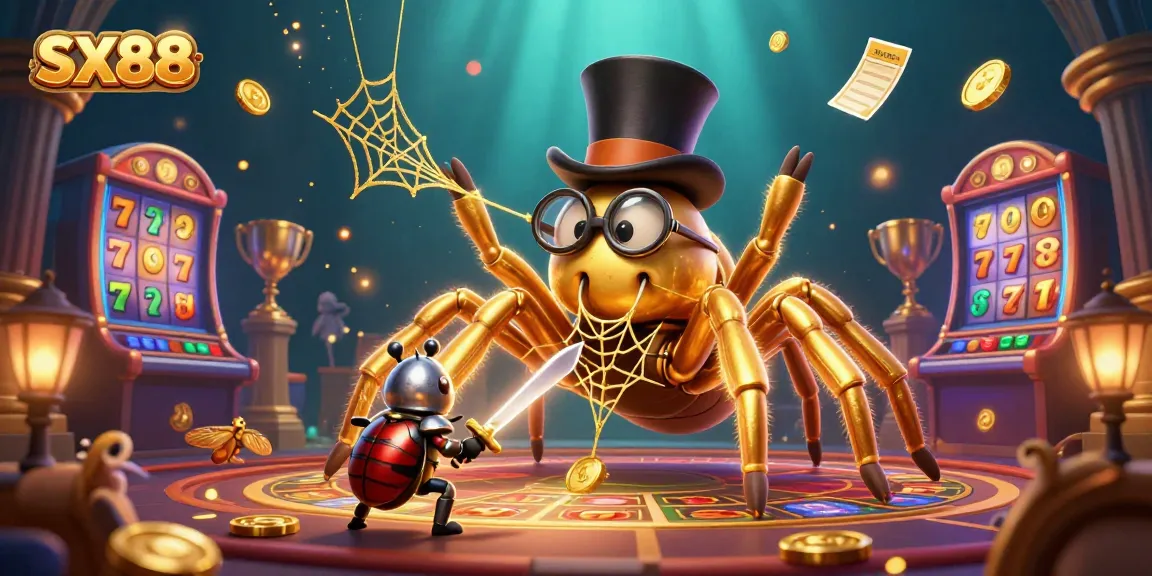 SX88 offers thrilling casino experiences with spinning slot reels, gold coins, and a daring beetle knight.