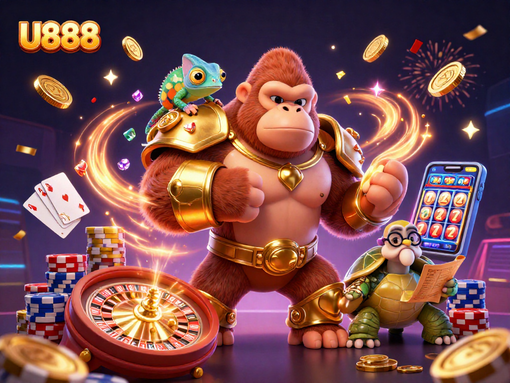 U888 showcases a vibrant scene with a powerful gorilla king, a color-shifting chameleon, and a wise tortoise amidst dynamic gambling elements.