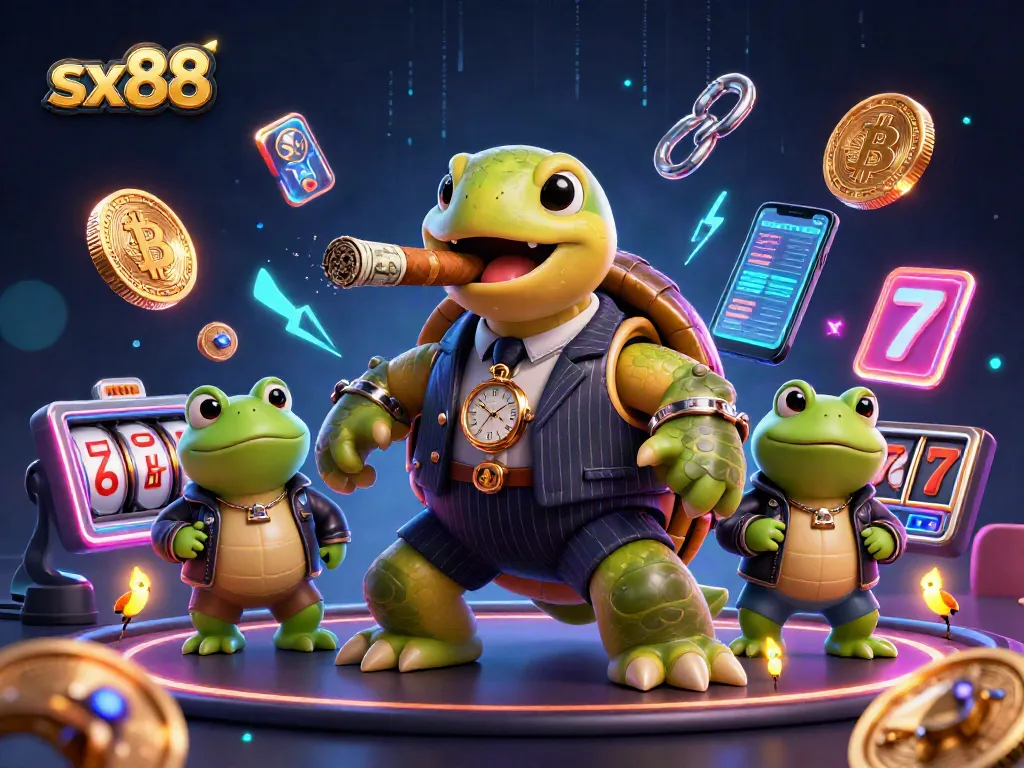 Spin the reels with sx88 in a vibrant casino scene featuring whimsical characters and cryptographic elements.