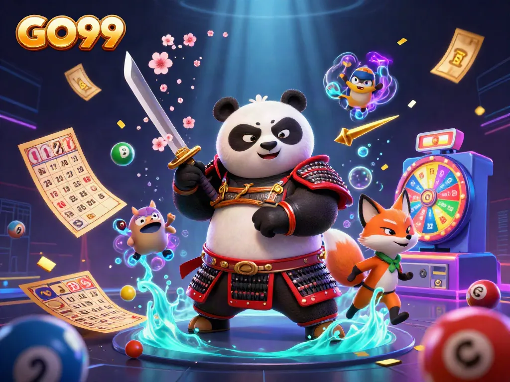 Engage with GO99 dynamic gaming scene featuring a samurai panda, ninja fox, and magical tanuki.