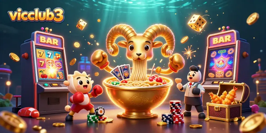 Experience the thrill of vicclub3 with a vibrant casino illustration featuring a golden ramen bowl dealer.