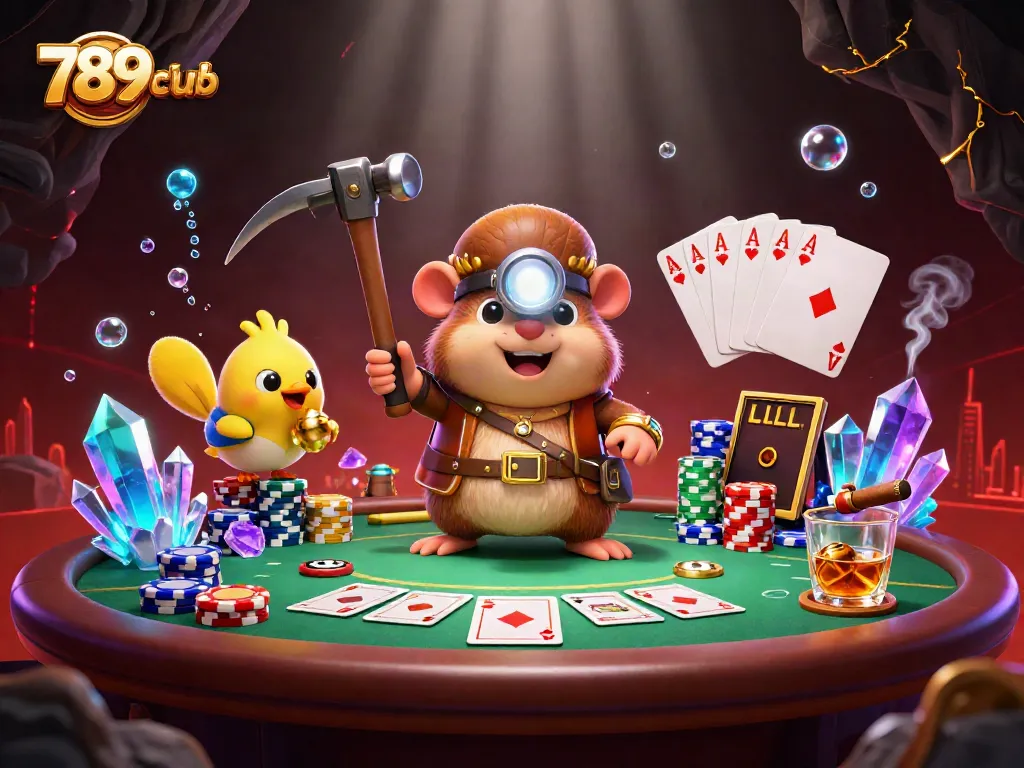Engage in thrilling gameplay at 789club with a vibrant illustration featuring poker elements and a treasure hunter theme.
