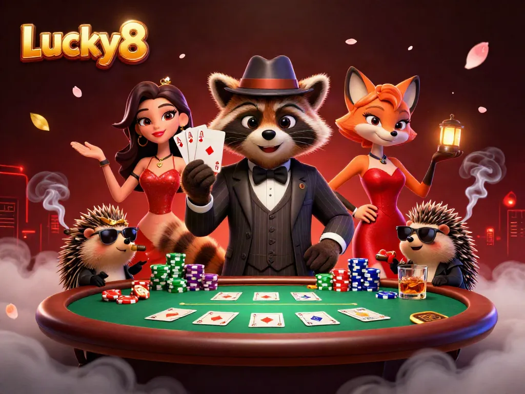 Experience rich gaming excitement with Lucky8 as a raccoon, fox, and hedgehog celebrate poker.