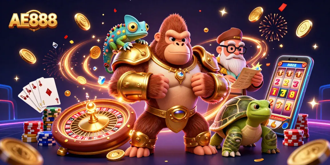 Engage with AE888's vibrant casino scene featuring a golden gorilla, chameleon, and tortoise sharing winning moments.