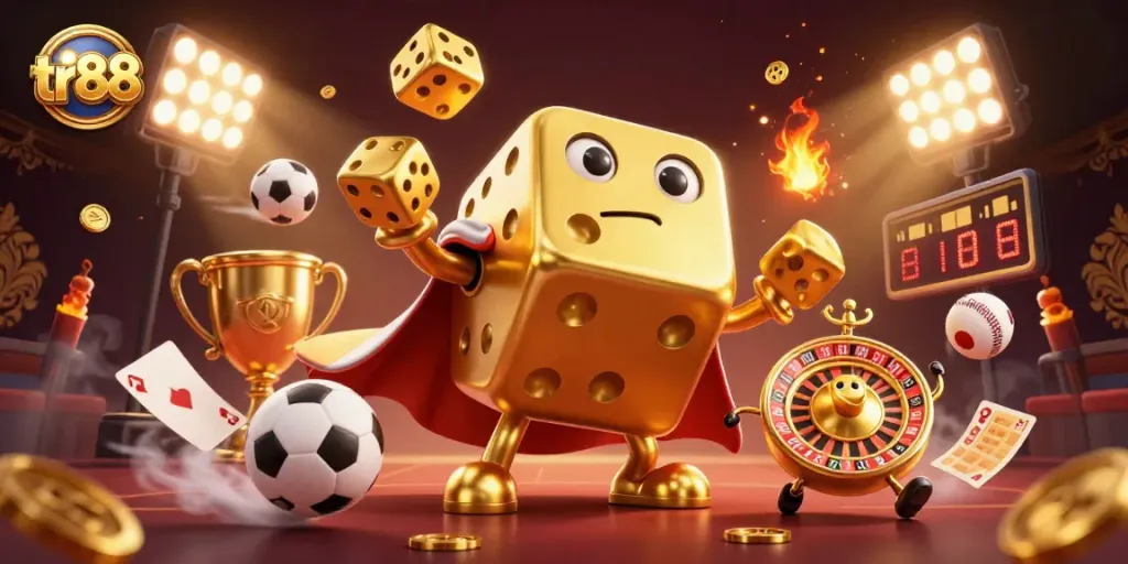 Experience the thrill of tr88 with a vibrant casino-themed illustration filled with dynamic gaming elements.
