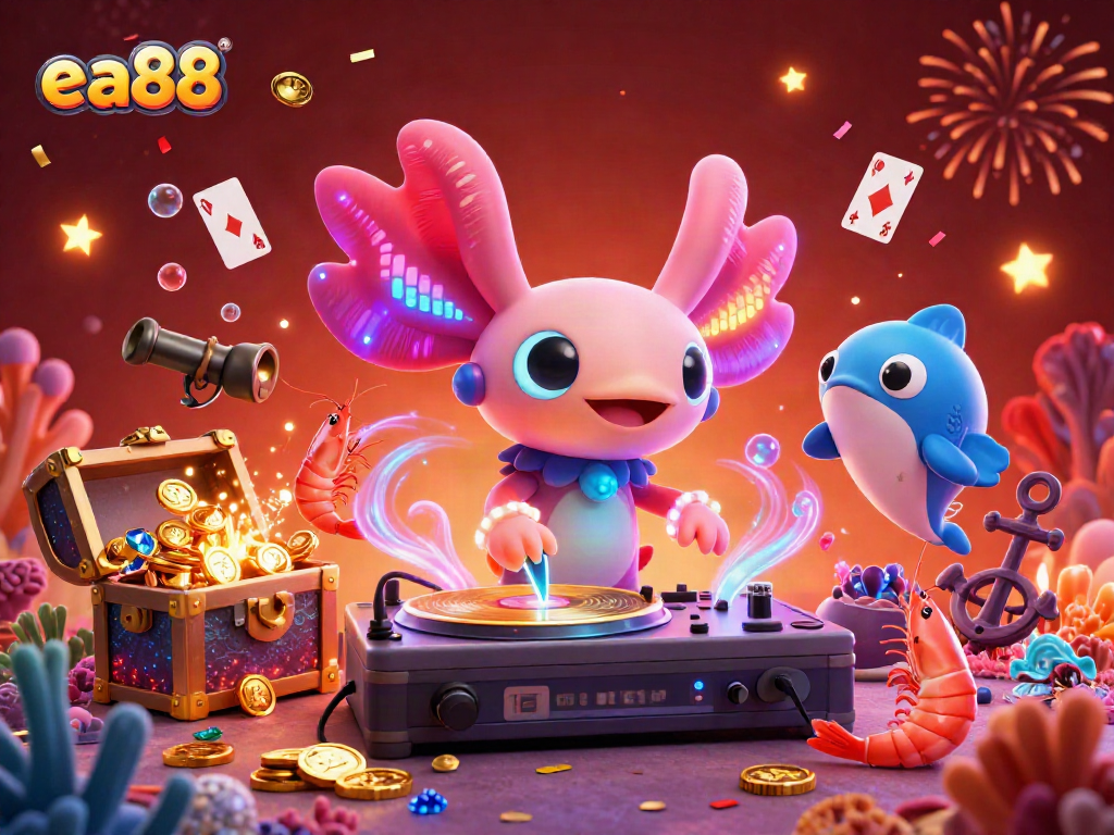 ea88 offers dynamic gaming with a vibrant underwater scene featuring animated axolotl DJ and treasure-rich background.