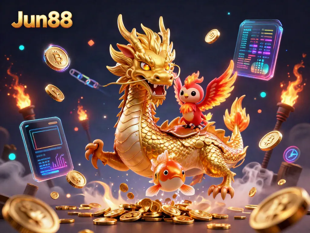 Experience thrilling gameplay at Jun88 with a dynamic casino scene featuring a golden dragon, phoenix, and koi fish.