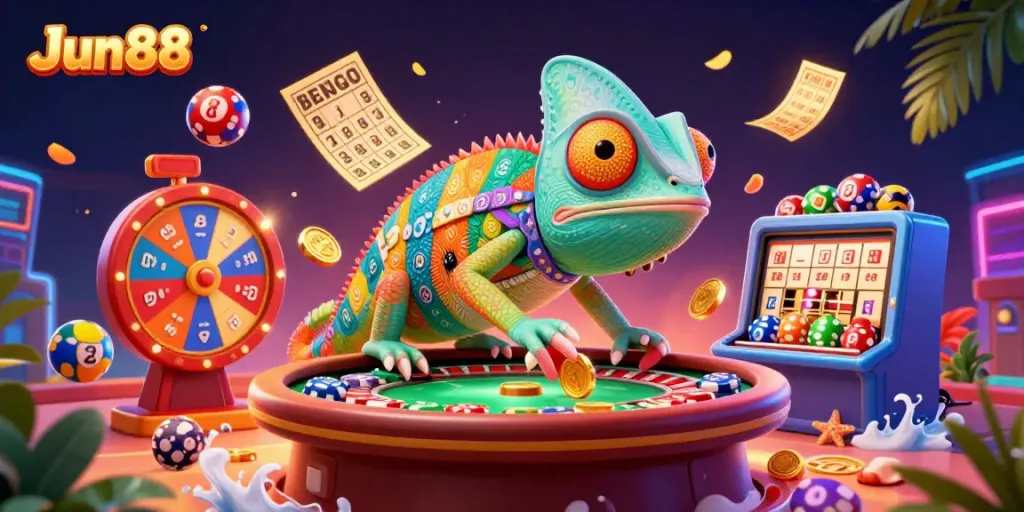 Engage with Jun88’s vibrant casino scene showcasing a chameleon owner capturing golden coins amidst lottery fun.