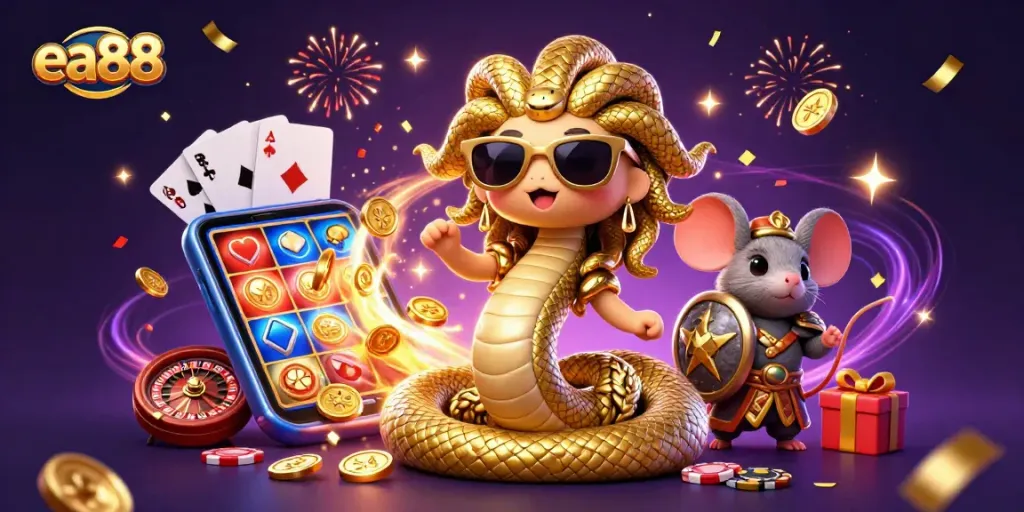 Spin the reels with ea88 featuring Medusa and a warrior mouse in a vibrant casino scene.