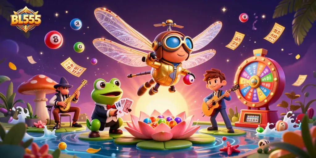 Join the fun at BL555 with an iconic 3D dragonfly casino scene filled with vibrant gambling elements.