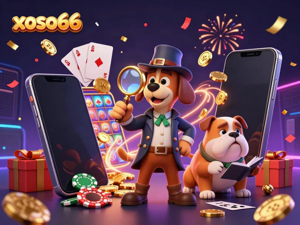 Engage in thrilling gambling with xoso66 as a detective explores precious poker chips amidst vibrant casino elements.
