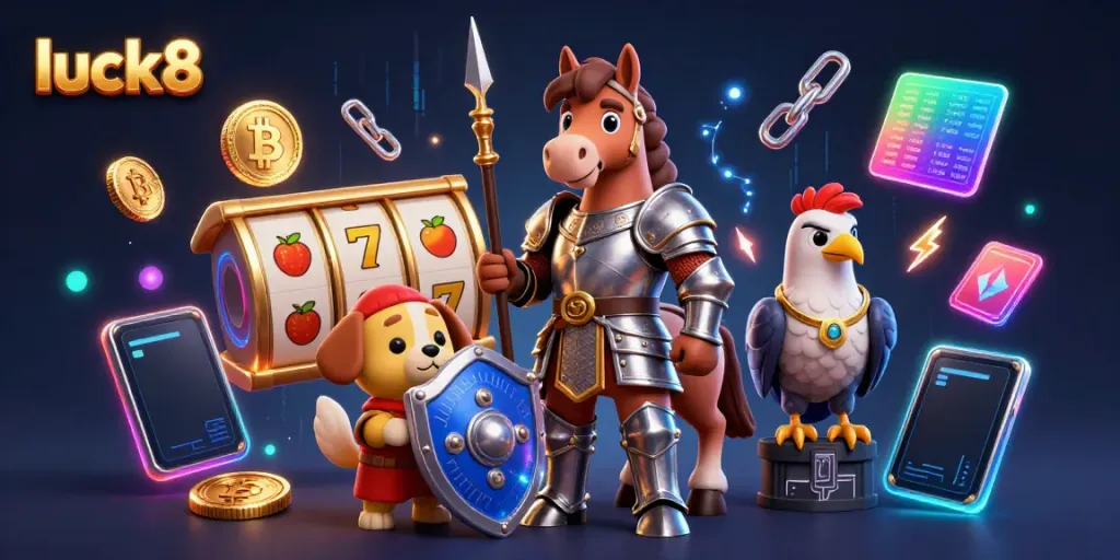 Experience luck8 with a knight, squire puppy, and falcon amid slot reels and crypto coins.
