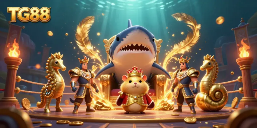 Experience the thrill of winning at TG88 with a dynamic underwater casino scene featuring unique characters and gambling elements.