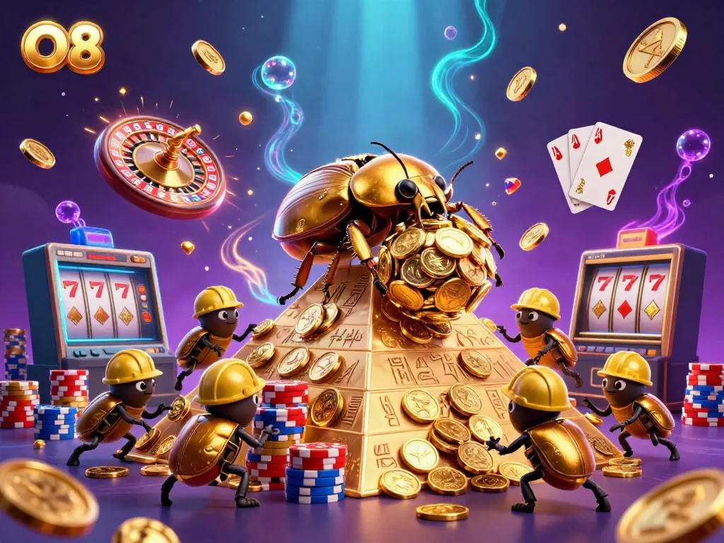 Experience O8 with a dynamic scene of golden beetles rolling coins, casino elements, and vibrant gameplay visuals.