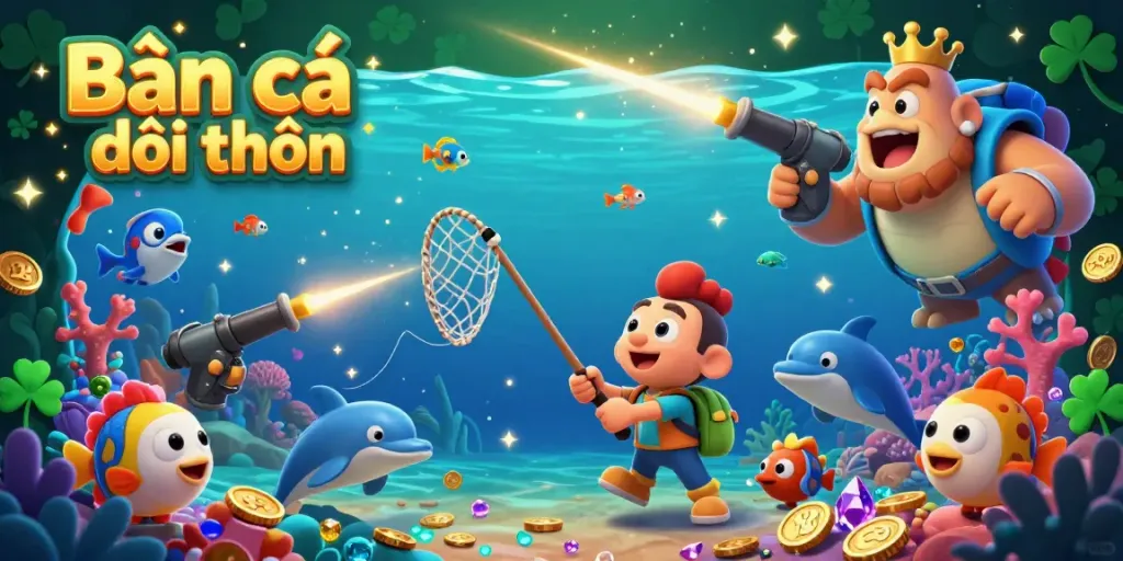 Catch big rewards in the Bắn cá đổi thưởng game with vibrant underwater scenes and playful sea creatures.