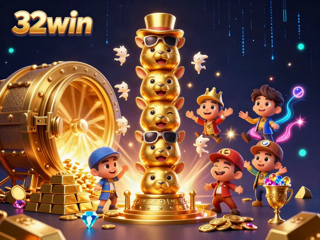 Engage with 32win's vibrant 3D casino experience featuring a golden totem pole and dazzling treasures.