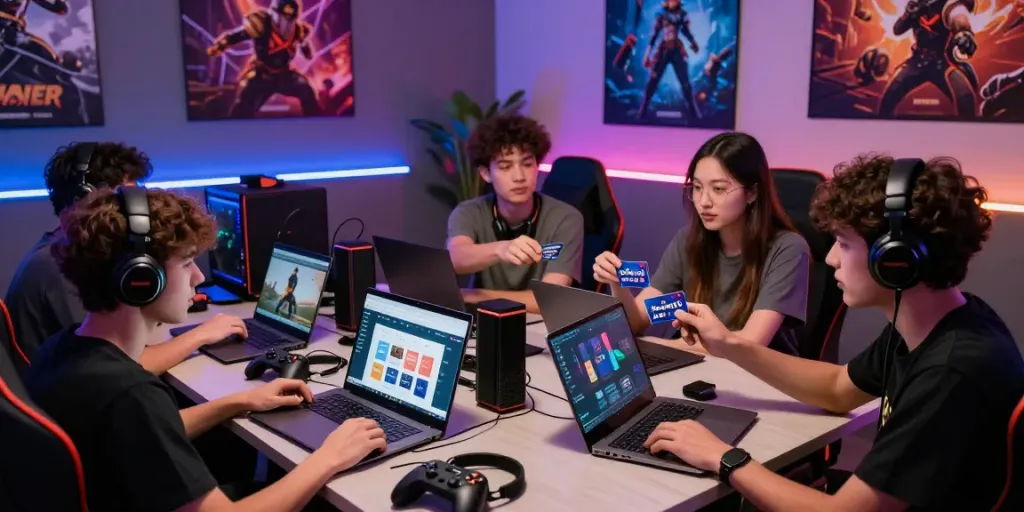 Gamers collaborating and sharing on warung168 digital marketplace, lively setup with laptops, consoles, and gaming accessories.