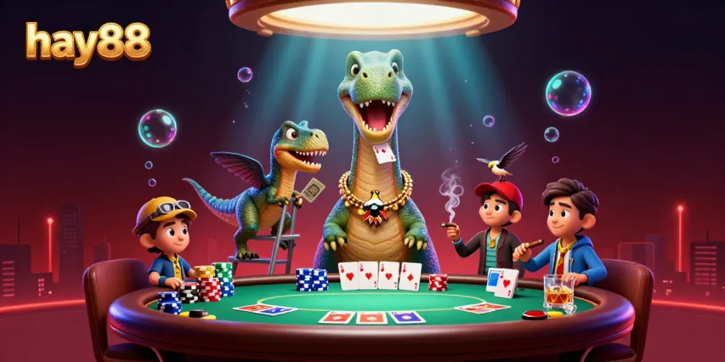 Experience the thrill of hay88 with a unique 3D illustration featuring a giant brontosaurus and raptor poker dealer