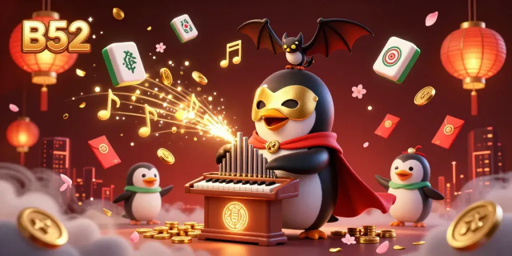 Engage in thrilling B52 gaming with an enchanting scene of a penguin and acrobat amidst cascading golden coins and festive lanterns.