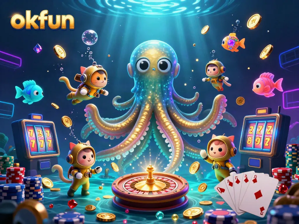 Engage with okfun's exciting gaming adventure featuring a kraken, diving cat, and bright casino elements.