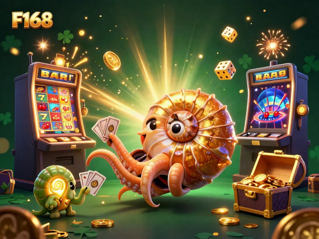 Experience the thrilling world of F168 with a giant nautilus as a roulette wheel and exciting casino elements bursting forth.