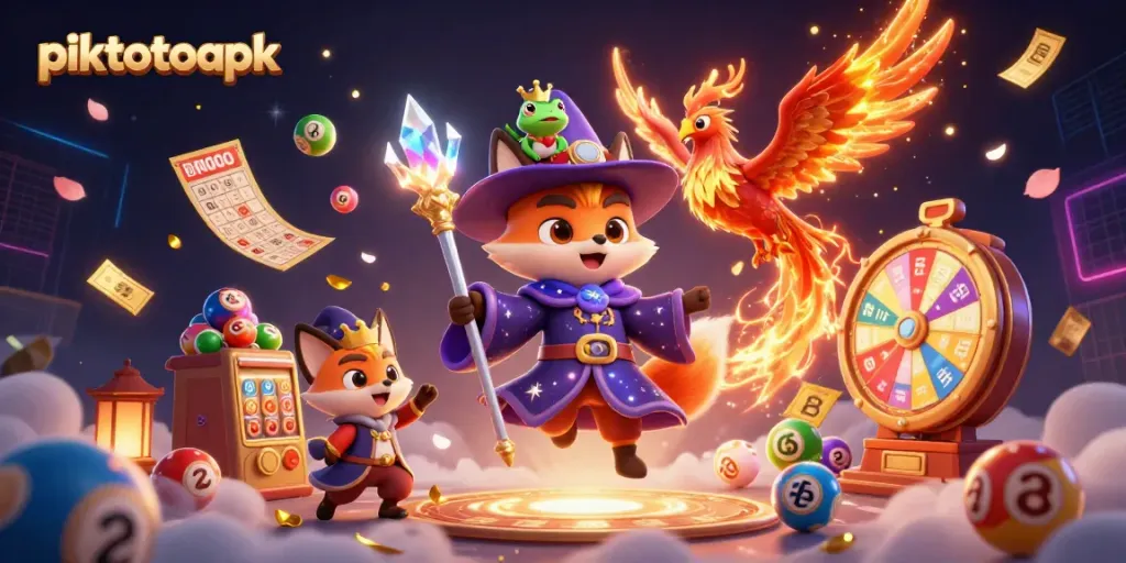 Experience piktotoapk's magical world with a phoenix and wizard collecting lottery treasures