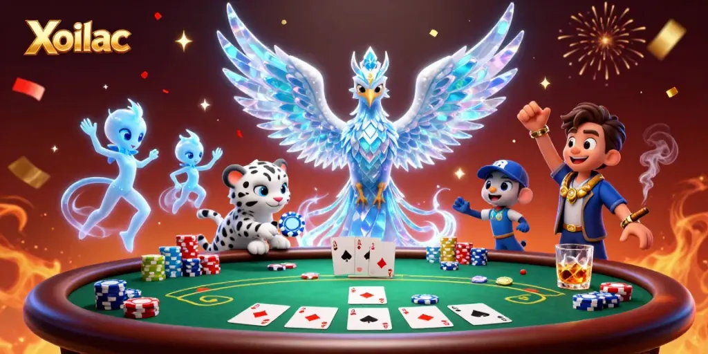 Xoilac showcases an epic 3D gambling scene with ice phoenix, poker chip, and celebratory elements.