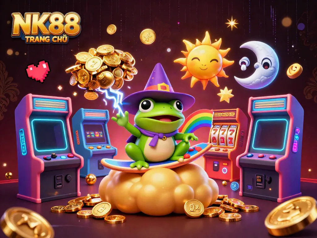 Experience the thrill of NK88 TRANG CHỦ with exciting casino games, golden coins, and vibrant characters.
