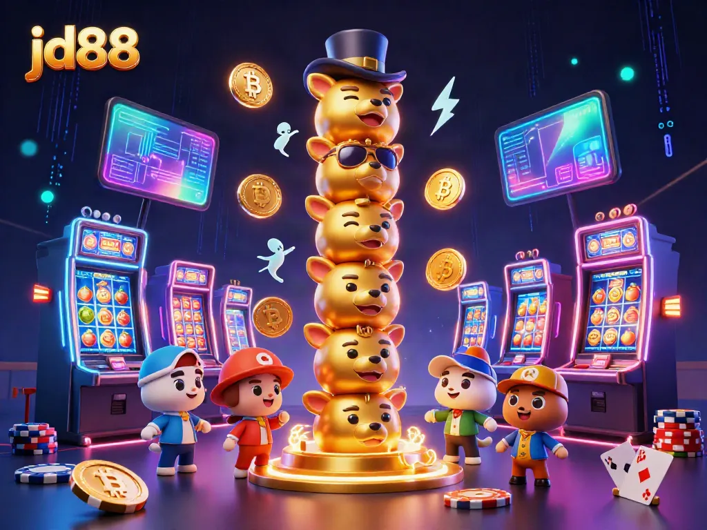 Engage with jd88's vibrant casino experience through animated characters interacting with game elements.