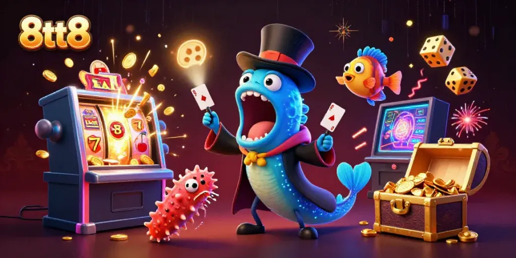 Engaging scene of 8tt8 gambling theme with magic sea creatures performing card tricks and vibrant casino elements.