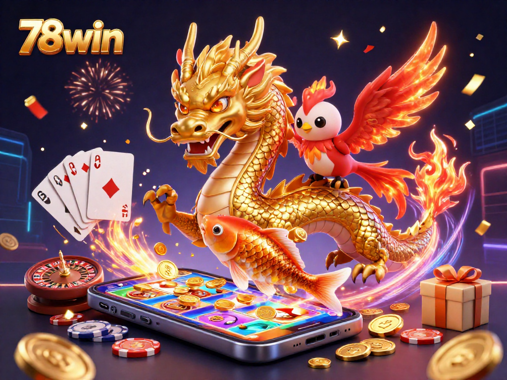 Engage with thrilling games at 78win, featuring dynamic golden dragon, phoenix, and koi fish amidst casino excitement.