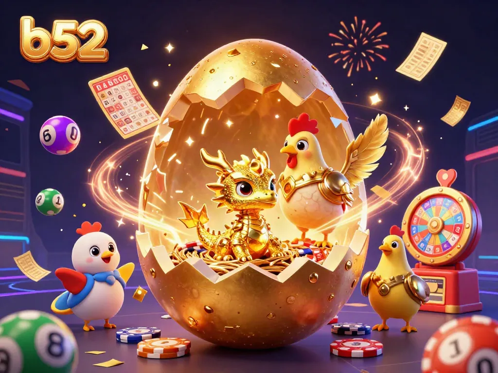 Engage with the exciting world of B52 as a baby dragon of pure gold emerges from a giant egg amidst vibrant gambling elements.
