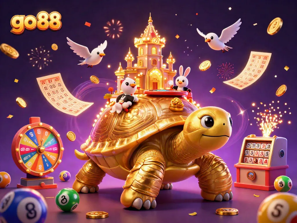 Khám phá go 88 với hình ảnh rực rỡ của rùa vàng 3D và dealer thỏ trong không gian sòng bạc.