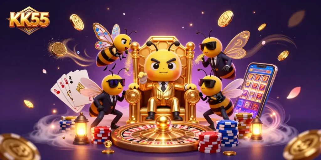 Engage with KK55's dynamic casino experience featuring gaming elements and vibrant illustrations.