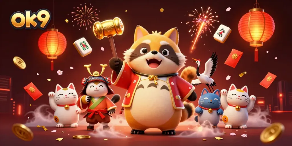 Engage in a vibrant gaming adventure with ok9, featuring playful tanuki and festive elements.